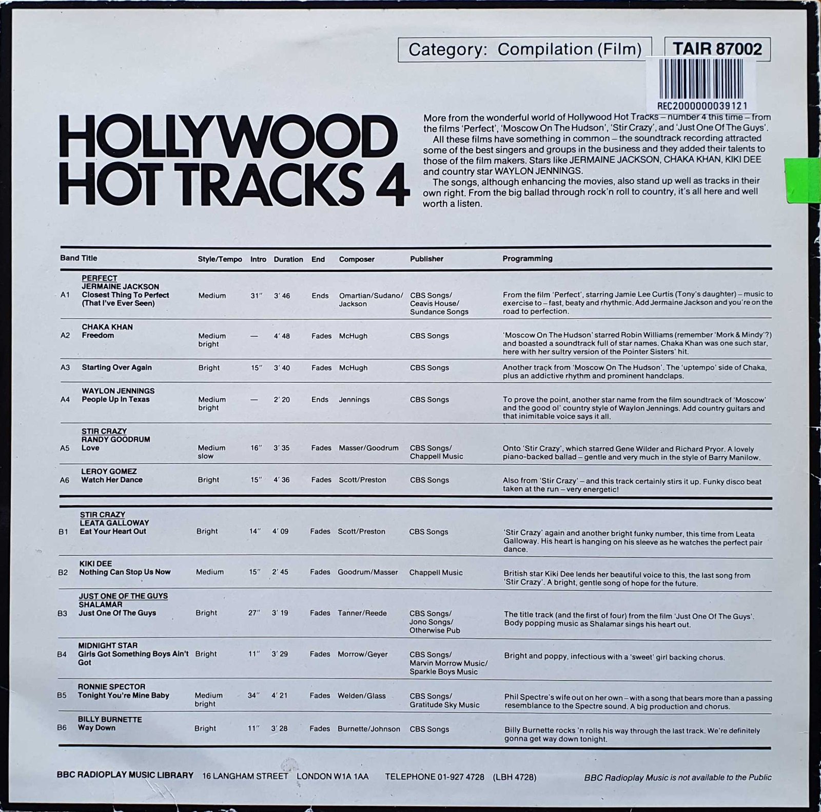 Picture of TAIR 87002 Hollywood hot tracks 4 by artist Various from the BBC records and Tapes library